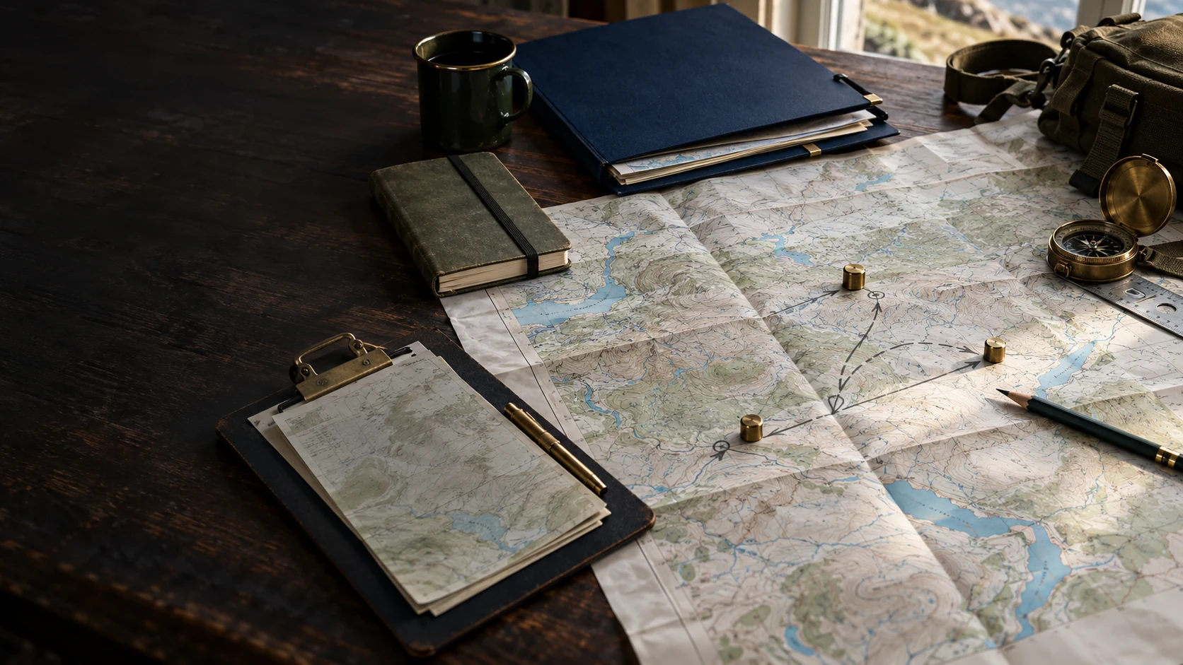 Illustrative military planning table with a topographical map, route markers, briefing folder and notebook.