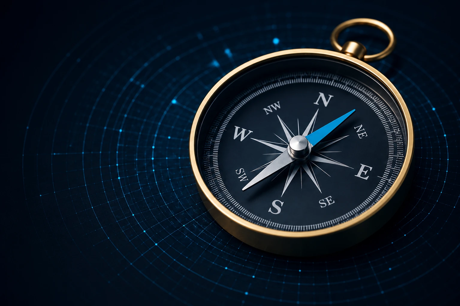 A gold compass with a cyan needle over a navy digital navigation grid.
