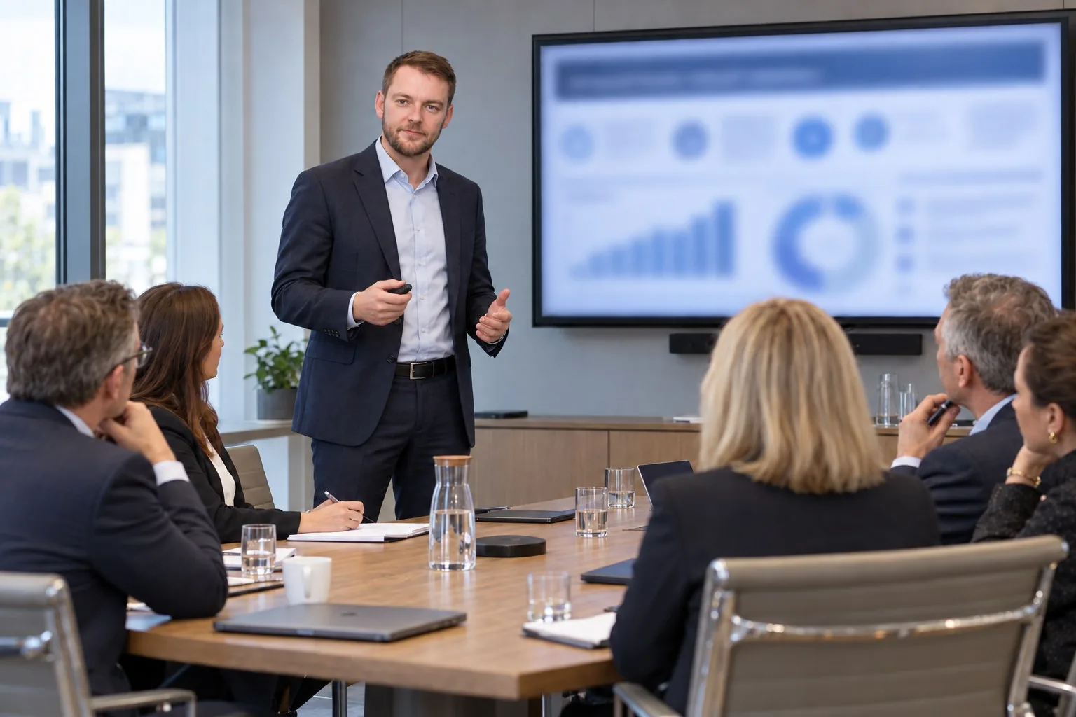 Illustration of Sam Wheeler delivering a cyber education and awareness briefing to executives in a meeting room